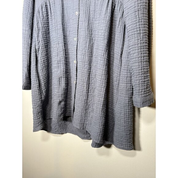 ZARA Crinkle Cotton Beach A-Line Button Down Tunic Shirt Dress Grey/Blue Medium - Picture 3 of 7